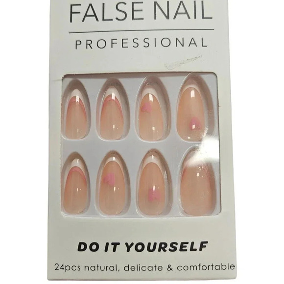Almond White and Pink Hearts 24pcs Plastic Nails Set with Sticky Pads NWT - Picture 1 of 3